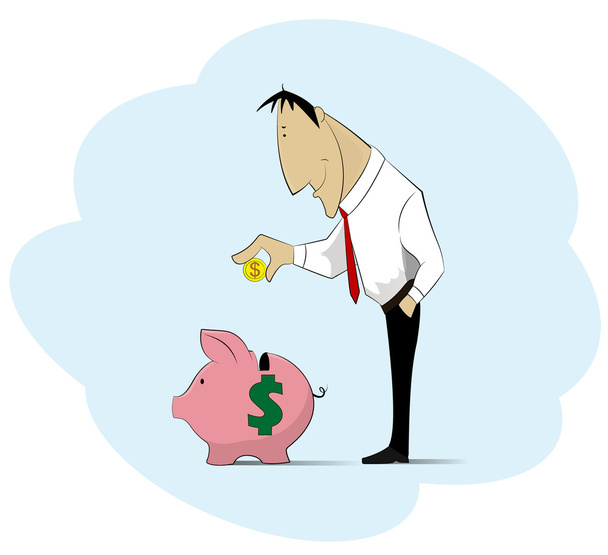 Man collecting money into piggy bank. - Vector, Image