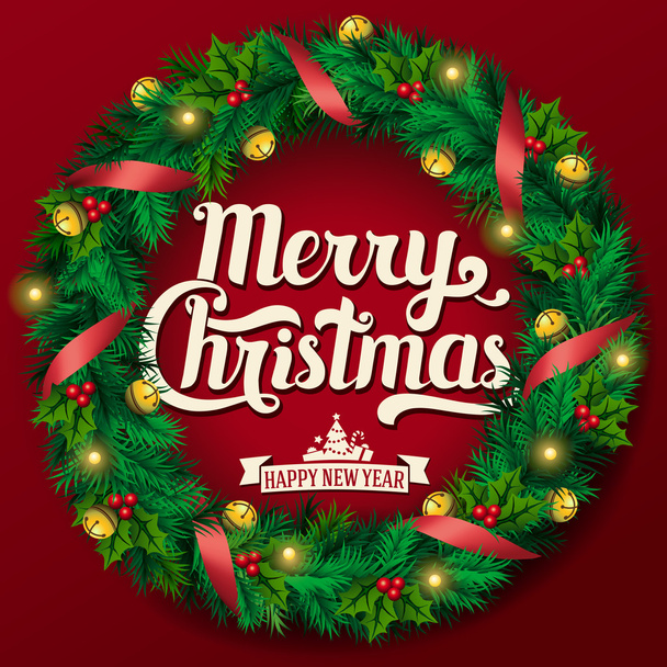 Tarjeta de felicitación navideña. Corona de Navidad con guirnaldas, letras de Feliz Navidad. Vector
 - Vector, imagen