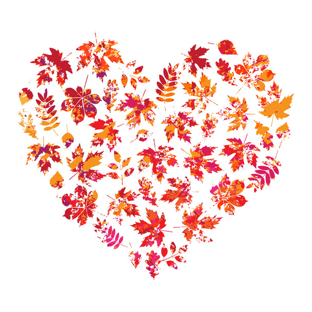 vector heart made of autumn leaves on white background in grunge style - Vektori, kuva