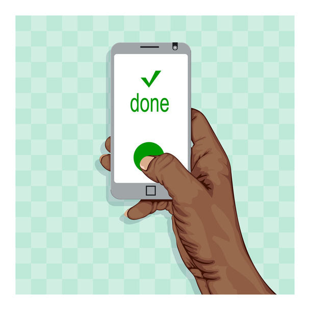 Hand holding a smartphone and thumb presses button on display. - Vector, Image