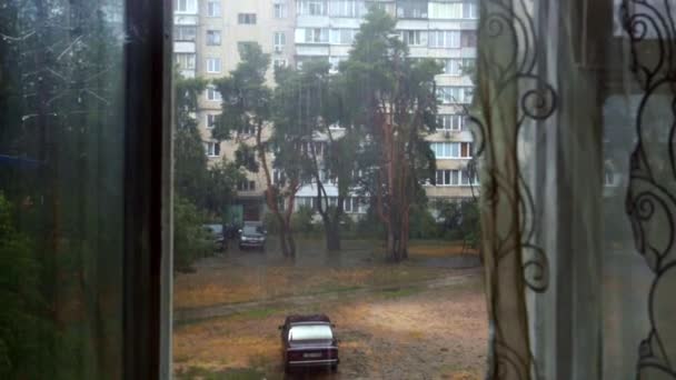 downpour. Kiev old street and old house is rain. - Footage, Video