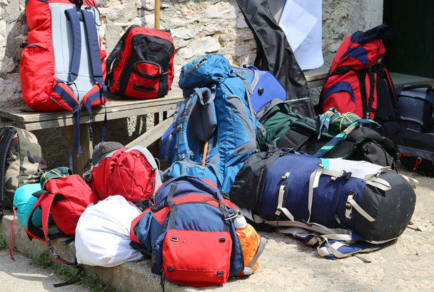 many backpacks after the mountain hike in the Woods - Photo, Image