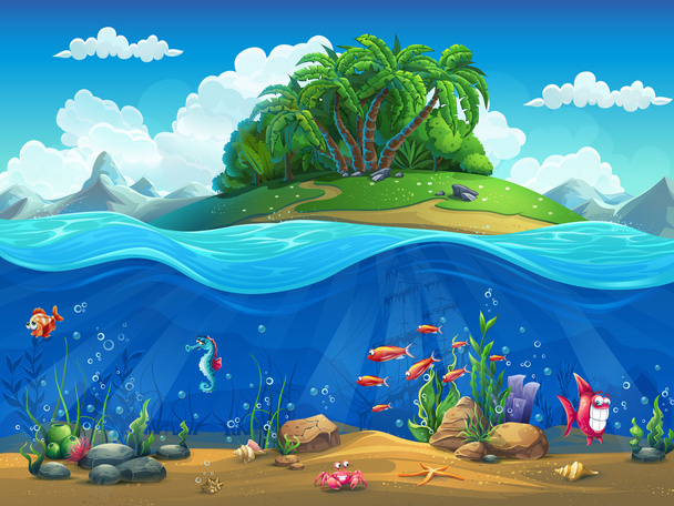 Dibujos animados mundo submarino con peces, plantas, isla
 - Vector, imagen