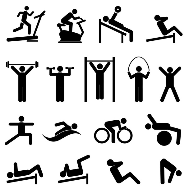 Fitnessruimte, oefening, fitness en gezondheid pictogrammen - Vector, afbeelding