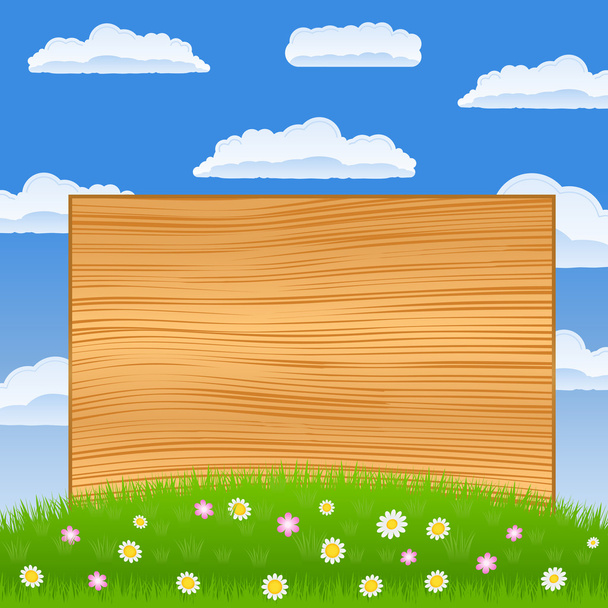 Wooden board on the green field - Wektor, obraz
