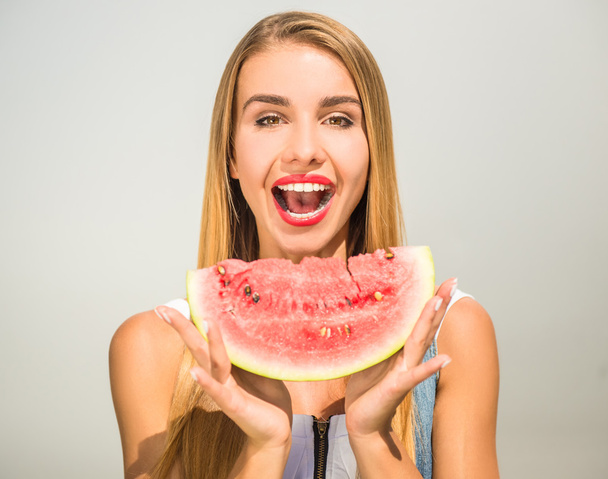Woman with watermelon - Photo, image