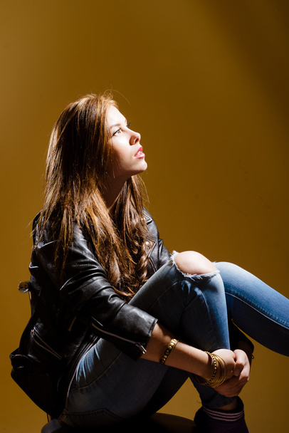 Teenager girl in leather jacket - Fotoğraf, Görsel