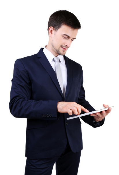 Elegant man in suit with tablet isolated - Φωτογραφία, εικόνα