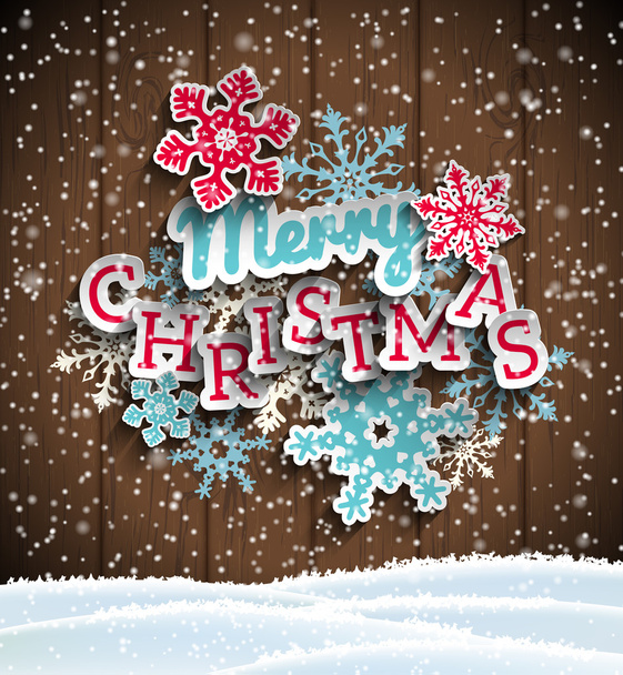 Colorful decorative text Merry Christmas on wooden background, illustration - Вектор, зображення