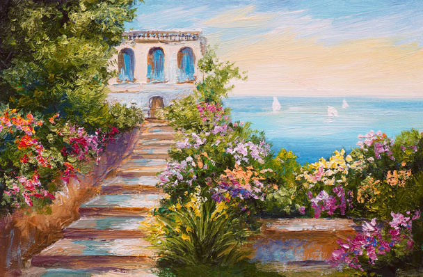 öljymaalaus - talo lähellä merta, värikkäitä kukkia, kesä merimaisema
 - Valokuva, kuva