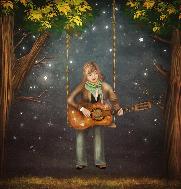 Chłopiec siedzi na huśtawce w lesie i gra na gitarze - Zdjęcie, obraz