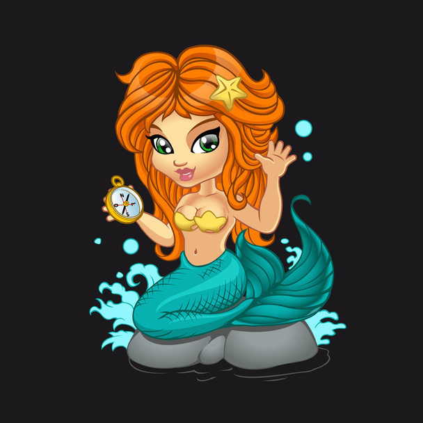A Cute little mermaid and a compass - Vector, Image