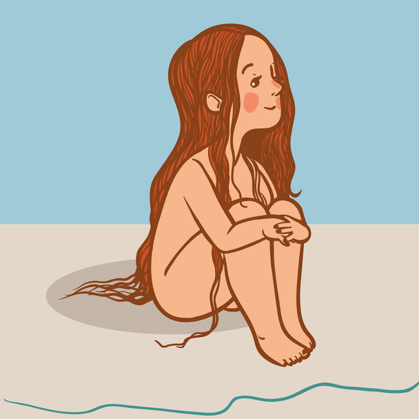 Милая девушка с длинными волосами, мечтающая о море
 - Вектор,изображение