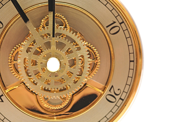 Closeup gouden klok met versnellingen - Foto, afbeelding