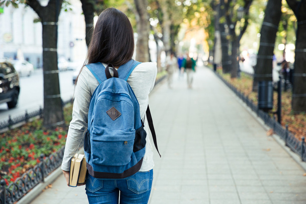 Visão traseira retrato de uma estudante caminhando
 - Foto, Imagem