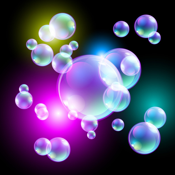 bubbles, eps10 Transparent multicolored soap bubbles vector set on black background. Sphere ball, design water and foam, aqua wash illustration - Διάνυσμα, εικόνα