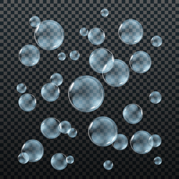 Transparent blue soap bubbles vector set on plaid background. Sphere ball, design water and foam, aqua wash illustration - Vektori, kuva