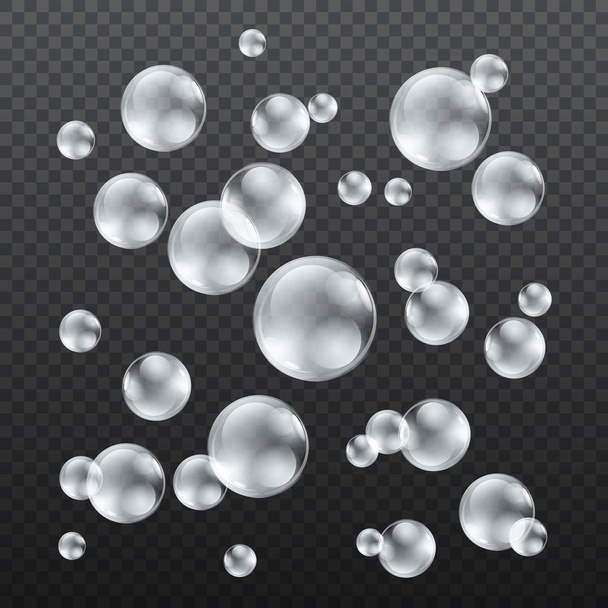 Transparent grey soap bubbles vector set on plaid background. Sphere ball, design water and foam, aqua wash illustration - Διάνυσμα, εικόνα
