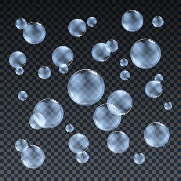 Transparent blue soap bubbles vector set on plaid background. Sphere ball, design water and foam, aqua wash illustration - Vector, Imagen