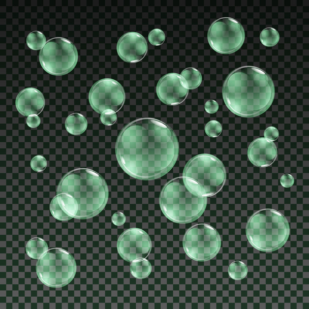 Transparent green soap bubbles vector set on plaid background. Sphere ball, design water and foam, aqua wash illustration - Vektori, kuva