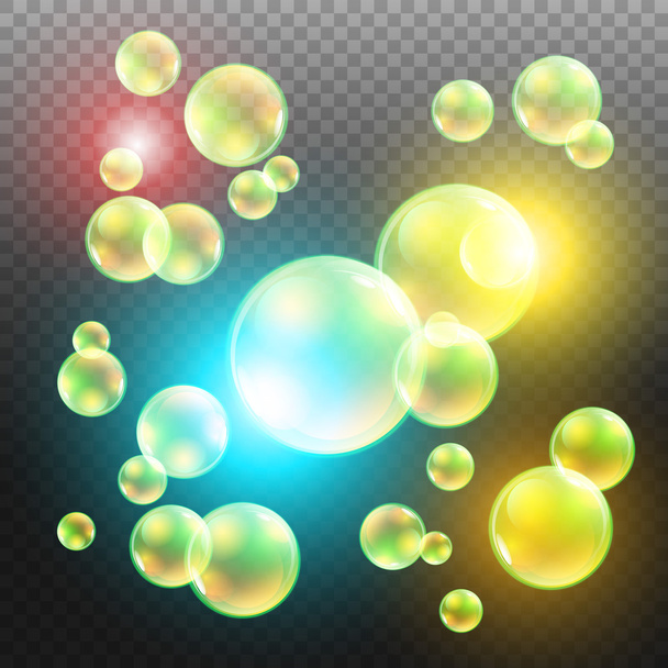 Transparentes burbujas de jabón multicolor conjunto de vectores sobre fondo a cuadros. Esfera bola, diseño de agua y espuma, aqua lavado ilustración
 - Vector, Imagen
