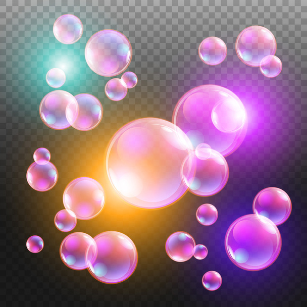 Transparente multicolorido bolhas de sabão vetor definido no fundo xadrez. Bola de esfera, água de design e espuma, ilustração de lavagem de aqua
 - Vetor, Imagem