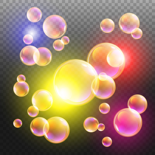 Transparentní různobarevné mýdlové bubliny vektor na kostkované pozadí. Míč koule, design vody a pěny, aqua umýt ilustrace - Vektor, obrázek