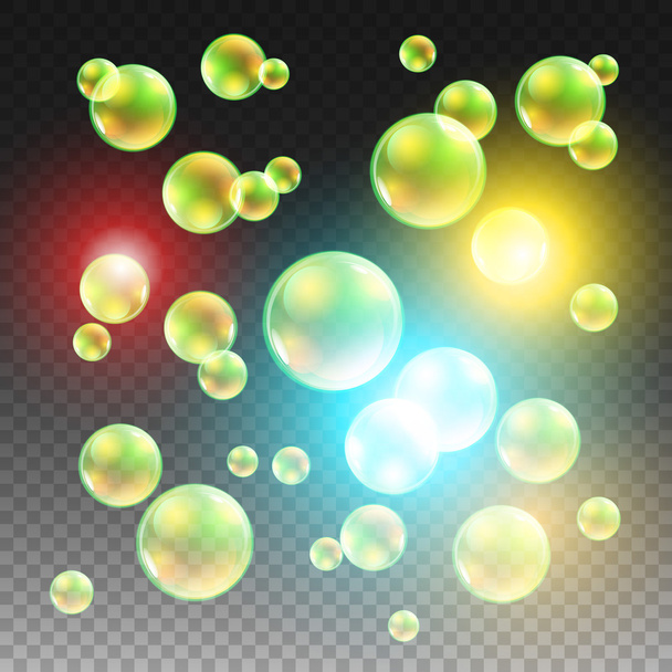 Transparante veelkleurige zeepbellen vector set op de geruite achtergrond. Bol bal, ontwerp water en schuim, aqua wassen illustratie - Vector, afbeelding