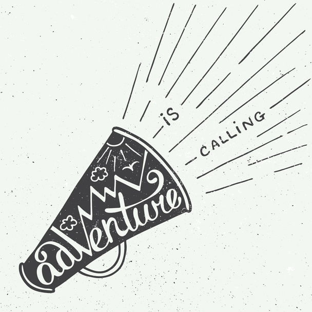 Adventure is calling in mouthpiece with mountains in vintage style - Vector, Image