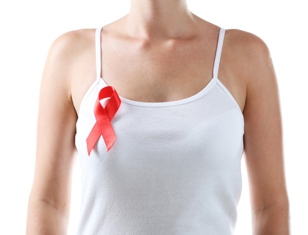 red Ribbon Sign on female shirt - Photo, Image