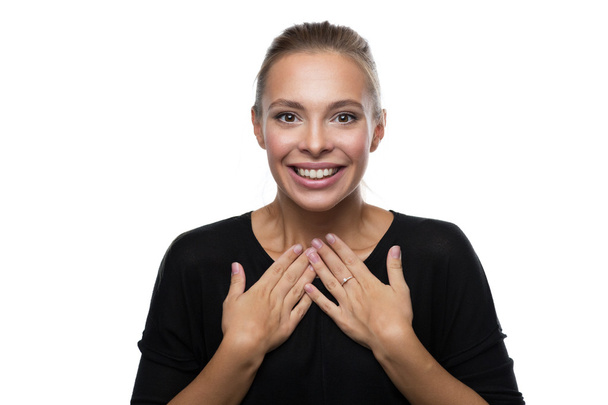 Portrait of surprised woman on white background - Photo, Image