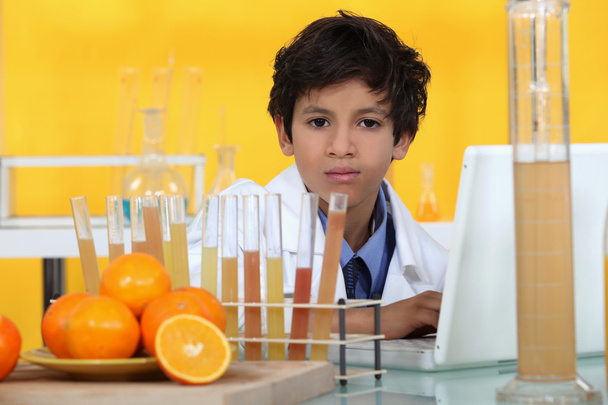 Little boy analyzing oranges in the laboratory - Фото, изображение