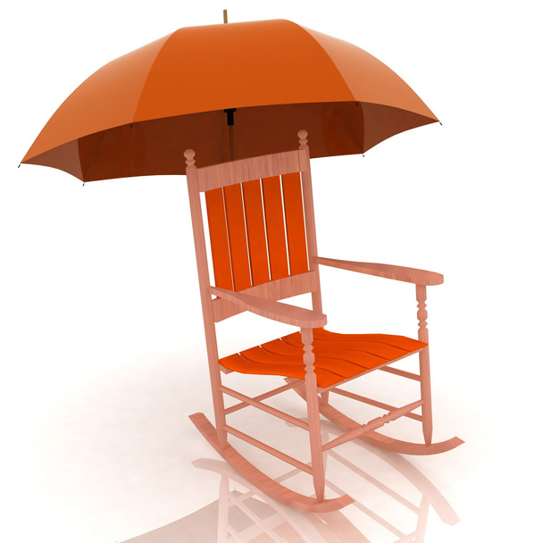 alter Schaukelstuhl mit Regenschirm isoliert auf weißem Hintergrund - Foto, Bild