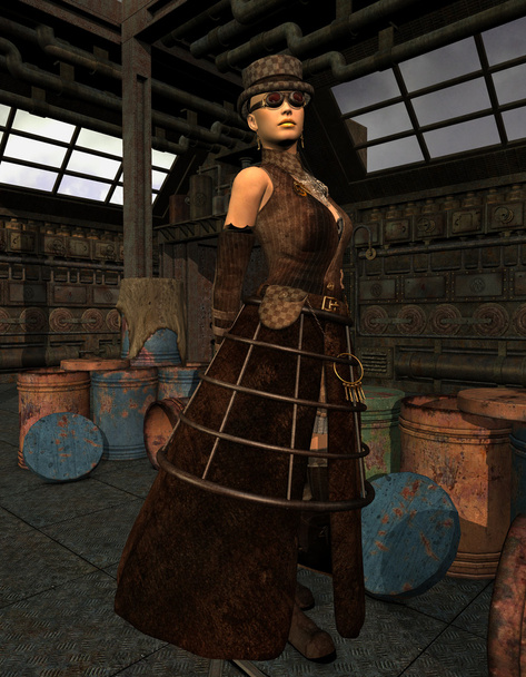 Steampunk κυρία σε μια παλιά αποθήκη - Φωτογραφία, εικόνα