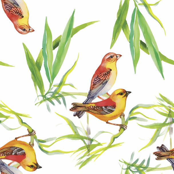 Watercolor Wild exotic birds on flowers seamless pattern on white background - Vektor, Bild