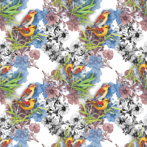 Watercolor Wild exotic birds on flowers seamless pattern on white background - Vecteur, image