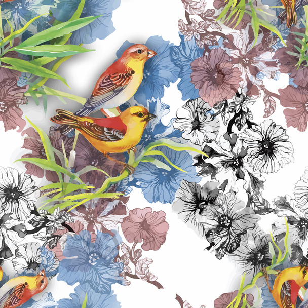 Ακουαρέλα άγρια εξωτικά πουλιά σε χωρίς ραφή πρότυπο λουλούδια σε άσπρο φόντο - Διάνυσμα, εικόνα