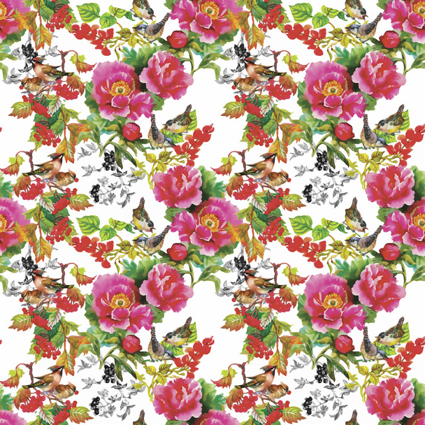Watercolor Wild exotic birds on flowers seamless pattern on white background - Διάνυσμα, εικόνα