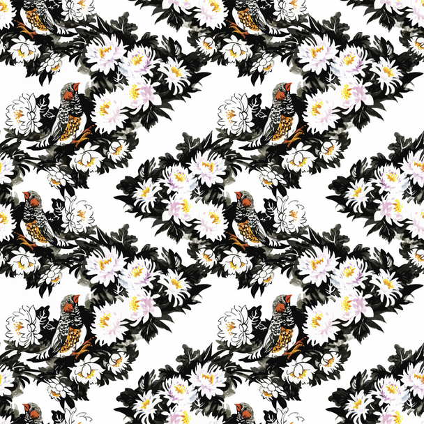 Watercolor Wild exotic birds on flowers seamless pattern on white background - Vektor, obrázek