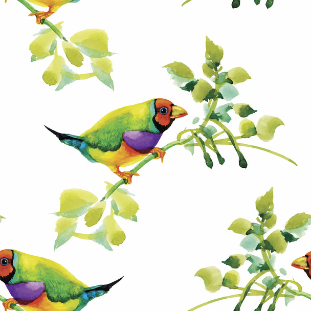 Watercolor Wild exotic birds on flowers seamless pattern on white background - Wektor, obraz