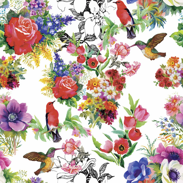 Watercolor Wild exotic birds on flowers seamless pattern on white background - Вектор,изображение