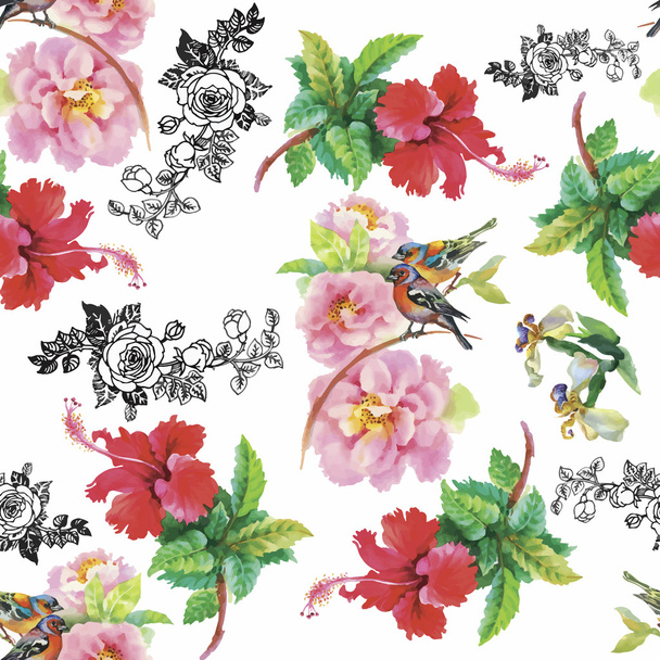 Watercolor Wild exotic birds on flowers seamless pattern on white background - Vector, imagen