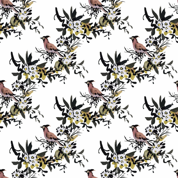 Ακουαρέλα άγρια εξωτικά πουλιά σε χωρίς ραφή πρότυπο λουλούδια σε άσπρο φόντο - Διάνυσμα, εικόνα