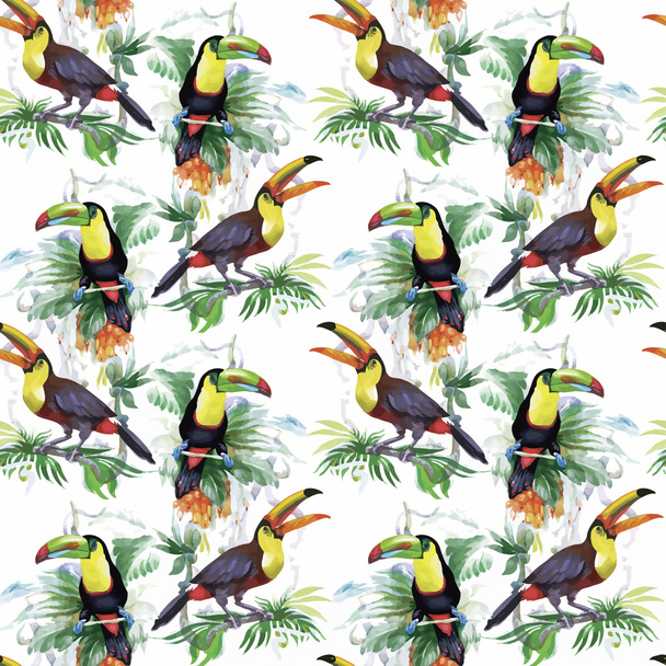 Watercolor Wild exotic birds on flowers seamless pattern on white background - Wektor, obraz