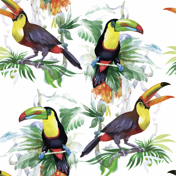 Watercolor Wild exotic birds on flowers seamless pattern on white background - Vektor, kép