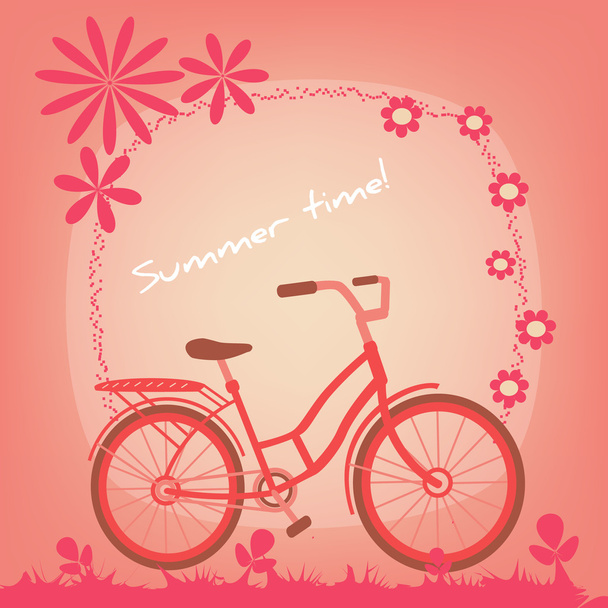 Bicycle on a summer field. Flowers, grass, bike. Vector illustration. - Vetor, Imagem