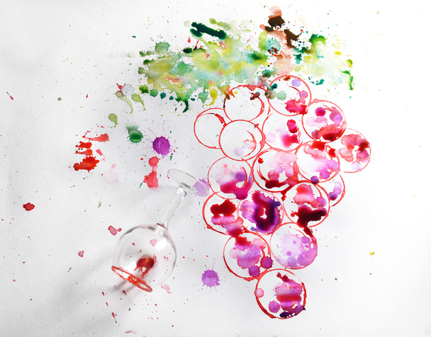 Grapes painted with wine and watercolors and wineglass of spilled wine on paper background - Φωτογραφία, εικόνα