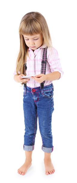 Beautiful little girl with mobile phone, isolated on white - Foto, Imagen