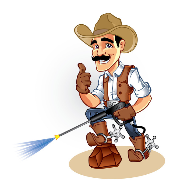 Illustrazione di un cowboy con spruzzatore di lavaggio ad acqua a pressione
 - Vettoriali, immagini