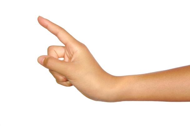 Mulher mão tocando tela virtual ou poiting isolado em um fundo branco
 - Foto, Imagem